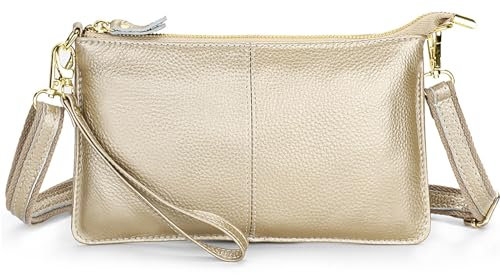 FORRICA Portefeuille Femmes Téléphone Sac à Bandoulièr Cuir Véritable Petit Bandoulière Pochette Dames Elegant Glissière Porte Monnaie Doré