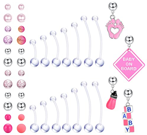 Kakonia 14 Stück Bauchnabelpiercing Schwangerschaft 14G Flexibler Acryl Kunststoff 14/16/18/32/35/38 mm Langen Bauchnabel Piercing