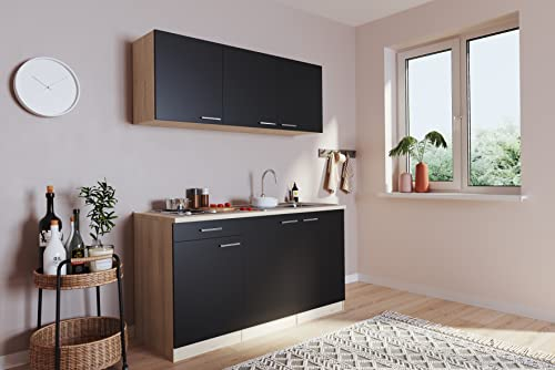 respekta Küche Miniküche Single Eiche Schwarz ohne Kühlschrank Luis 150 cm