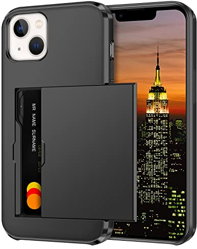 Coolden Handyhülle für iPhone 14 Hülle mit Kartenfach Armor Stoßfest Hülle Case Silikon Weicher TPU Harte PC Bumper Cover Heavy Duty Schutzhülle Brieftasche Etui Handyhülle für iPhone 14 Schwarz