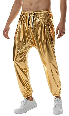 Idopy Mens Metallic Shiny Disco Pants, Wet Look Party Dance Straight Leg Trousers, 70s/80s Festival Rave Cosplay Harem Pants Gold S