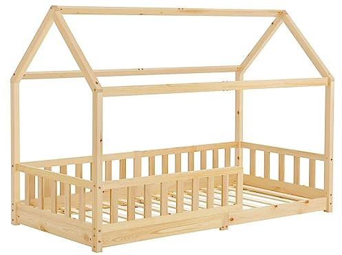 Juskys Kinderbett Marli 90 x 200 cm mit Rausfallschutz, Lattenrost und Dach - Massivholz Hausbett für Kinder - Bett in Natur