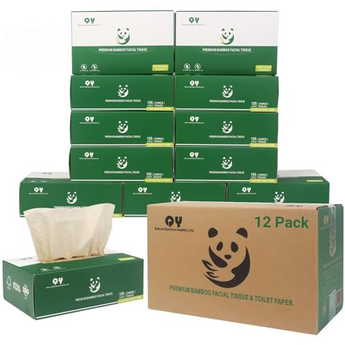 QingYa Bambus Taschentücher Box,1620 Blatt Kosmetiktücher (12 Packungen mit 135 Stück), 2-lagig,ultraweich, ungebleichtes Naturbraun, plastikfrei, baumfrei
