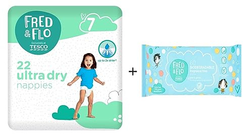 Fred & Flo Size 7 Nappies 22 Pack + 60 Fragrance Free Baby Wipes