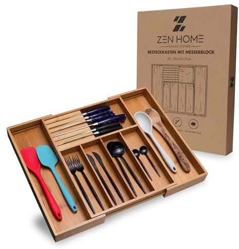 ZEN HOME Bambus Besteckkasten für Schubladen mit Messerblock, ausziehbar 33–55 x 43 x 5 cm, Anti-Rutsch Besteck Organizer Schubladeneinsatz (5-7 Fächer)
