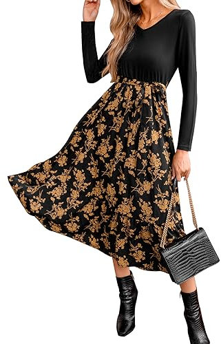 CUPSHE Women's Maxi Dress V Neck Long Sleeve Tie Belt A-Line Casual Dress Party Cocktail Midi Skater Dress Yellow Floral L