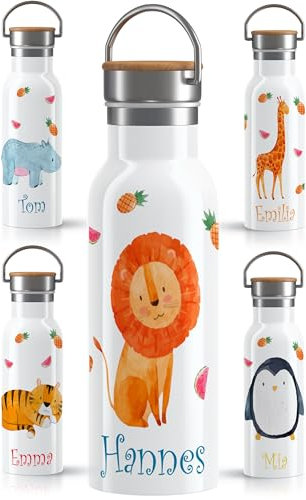OWLBOOK® Edelstahl Trinkflasche Kinder personalisiert | Wasserflasche Flasche BPA-frei | 600 ml | Auslaufsicher Spülmaschinenfest | Schulanfang Geschenke zur Einschulung Mädchen Jungen | Löwe