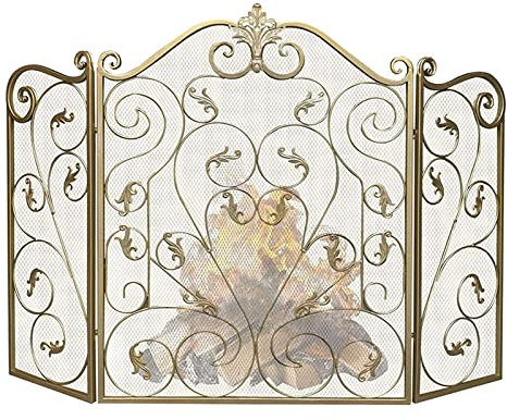 GaRcan Feu pour cheminée en métal, Foyer à gaz intérieur et extérieur, écran en Maille à 3 Panneaux avec défilement décoratif, clôture dorée pour la sécurité des Enfants et des