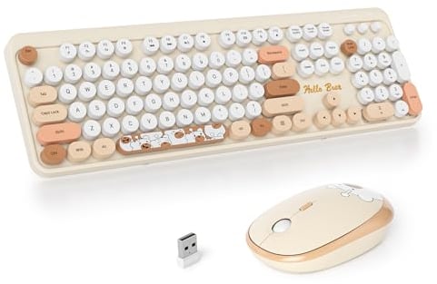 SOLIDEE kabellose Tastatur- und Maus-Kombination,Retro-Schreibmaschinen-Tastatur,2.4GHz runde Tastenkappe Tastatur mit Ziffernblock,104 Tasten ergonomische Tastatur(Amerikanisch QWERTY)(Bear Beige)