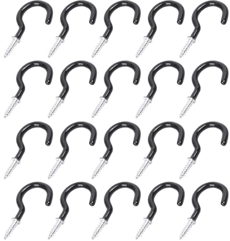 Leliafleury 20Pcs Screw in Hooks Plastic Coated Black Cup Hooks for Hanging Plants Cups Kitchen Utensils, 1-1/4 Inch