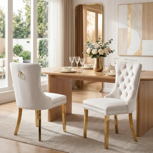 SoarTalent 2er Set Esszimmerstühle Samt Goldbein, Beige/Gold | Samt gepolstert, Nagelkopfbesatz, vergoldeten Beinen, Metall-Ziehring, für Esszimmer & Wohnzimmer