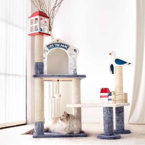 HYABi 100 cm großer zusammenklappbarer Katzenbaum mit Möwen-Motiv, Spielzeugmöbel, Wohnung, Plüsch-Plattform, mehrstöckig, mit Kratzstämmen für Indoor-Katzen (mittelgroß, 110,5 cm H)