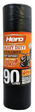 Hero 90L Extra Heavy Duty Bin Bags Refuse Sacks - Black 12 bags per roll - Interleaved Recycled Bin Liners - Household, Garden & Commercial Use