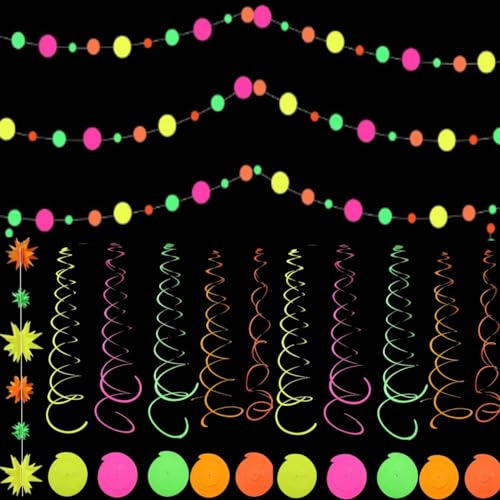 KARLOR Schwarzlicht Party Deko, 10 Spiral 2 Girlanden Neon Girlanden UV Papier Deko Leuchtet unter UV Licht, Disco Party Girlande Neon Papier Girlanden Schwarzlicht Deko UV Glow Partyzubehör
