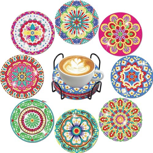 Frundoo Diamond Painting Untersetzer mit Halter, 8 Stück Diamant Tassenuntersetzer, Diamond Painting Erwachsene zum Basteln, DIY Mandala Untersetzer rutschfest für Anfänger, Erwachsene