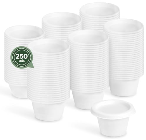 MAXI PRODUCTS - 250 Salseras Caña de Azúcar con Tapa - 120 ml - Tarrinas Blancas Cierre Seguro - Recipientes de Caña de Azúcar Compostables para Salsas - Envases con Tapa - APTO MICROONDAS