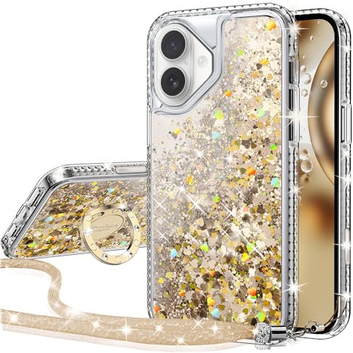 Silverback for iPhone 16 Case, Liquid Holographic Sparkly Glitter Case with Stand and Lanyard, Women Girls Bling Diamond Ring Shockproof Protective Cover for iPhone 16 6.1''- Gold