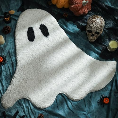 Tapis de Salle de Bain Halloween White Ghost 2023 Ultra Doux en Forme de fantôme Lavable Blanc pour Baignoire, Salon, Chambre à Coucher, décoration 32 x 36 cm