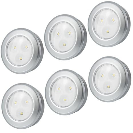 HONWELL Push Light, batteriebetriebenes Puck Light,Wasserhahnleuchte mit 60 Lumen und 3000K Schranklampe Drücken Sie Lampe Lampe zum Aufkleben,Ideal für Küchenschränke und Schränke, 6er-Pack, Silber