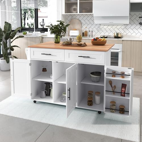 Ymkua Kücheninsel Küchenschrank, Küchenwagen, Esswagen Anrichte mit Rollen, Anrichte mit 3 Türen, 2 Schubladen, Buffetschrank Servierwagen für Esszimmer, Küche,129x46(71) x91,5 cm (White)