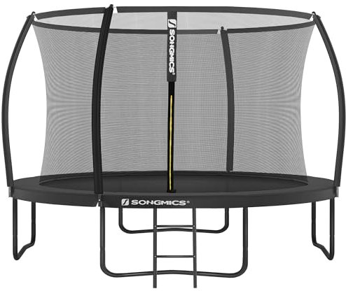 SONGMICS Trampolin 366 cm d, Gartentrampolin für Kinder mit Sicherheitsnetz, 180 cm hohe Gebogene Stangen, Randabdeckung, Leiter, Stahlrahmen, schwarz STR122B01