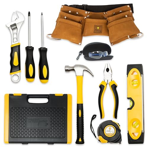SparkJump Deluxe Kids Tool Set, Real Tools with Tool Belt & Tool Box, Beginner Tool Kit for Boys & Girls Ages 6 & Up, Brown Ultimate Tool Set