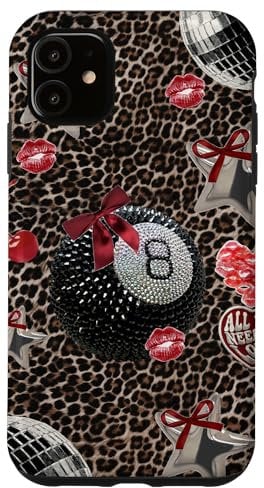 Cheetah Print 8 Ball Y2K Leopard Girl Star Red Kisses Bow Case for iPhone 11