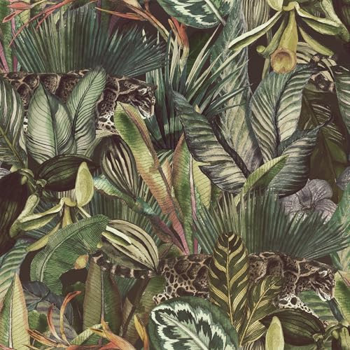 FunStick 44.5CM×9M Self Adhesive Wallpaper Leaves Jungle Tropical Green Sticky Back Plastic for Walls Shelves Waterproof Peel and Stick Wallpaper Vintage Animal Green Leaf Vinyl Wrap for Living Room