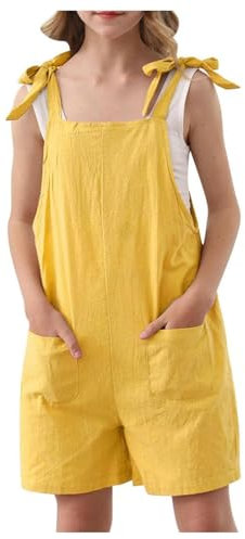 Salopette Bambina e Ragazza Tuta Senza Maniche Monopezzi Tutine Elegante Estivo Jumpsuit Regolabili con Tasche Tinta Unita Tuta Casual Abito Corta per Bambine Ragazze 4-14 Anni (Yellow-2, 9-10 Years)