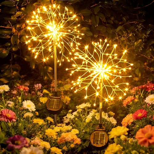 INMKALI Solar Garden Lights Outdoor Waterproof Yard Decorations, 2 Pack 150 LEDs Pathway Lights Stake, Fairy Firework Light for Patio Lawn Courtyard Flowerbed Party Wedding Starburst Gold Color