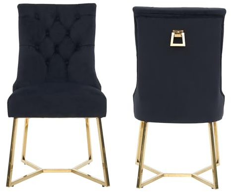 Life Interiors Ambra Modern Velvet Dining Chair – Black Tufted Accent Chair with Gold Legs & Ring Handle - Ideal for Dining Room Living Room Restaurants