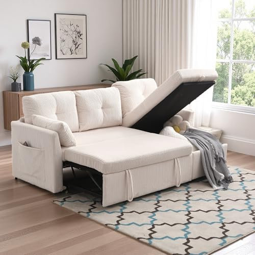 Sapgaks Canapé d'angle Convertible avec sièges de Rangement et Poches accoudoirs,Canapé Convertible avec Forme des Rayures,canapé Convertible 3 Places,canapé lit, Velours (Beige-1)