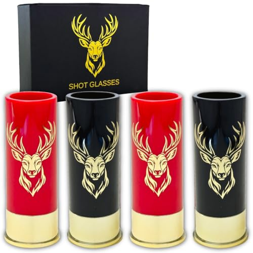 Durawe Company Schnapsgläser mit Hirschkopf für Männer und Frauen, Hochzeitsfeier, Vatertag, Geschenke für Jäger 12 GA Hirschjagd - Kleine Schnapsbecher mit Geschenkbox (Schwarz + Rot)