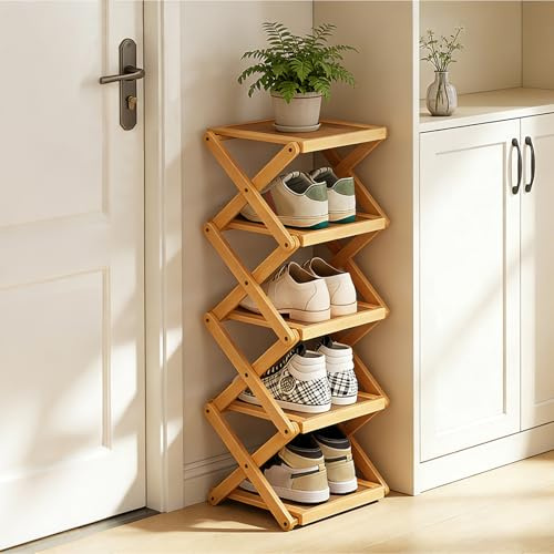 YYW Schuhregal, faltbares Bambus-Schuhregal, freistehender Schuhaufbewahrungs-Organizer für Diele, Schlafzimmer, Schrank, Flur - Natur, funktionales Schuhregal (5 Ebenen, Holz)