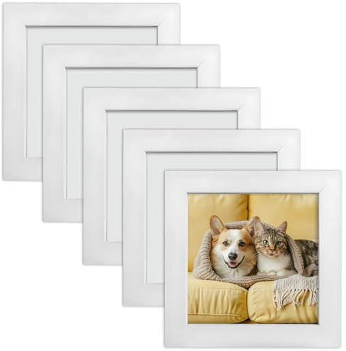 Bilderrahmen, 10,2 x 10,2 cm, Weiß, quadratisch, 10,2 x 10,2 cm, 5 Stück | Kleiner Fotorahmen, Holz-Bilderrahmen mit Doppel-Passepartouts und Acrylglas für Wandhalterung & Schreibtischständer