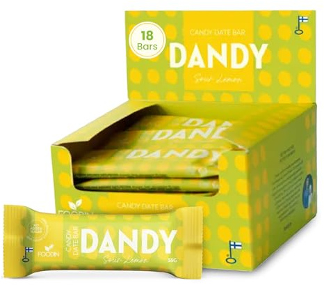 FOODIN Dandy Candy Barretta di Datteri Gusto Limone Aspro – Snack Vegano Senza Zuccheri Aggiunti, Senza Glutine, Ricco di Fibre, Dolce Naturale & Energia Quotidiana (18 x 35 g)