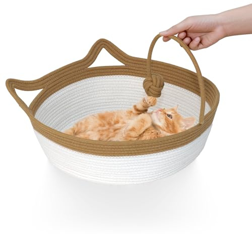 Graciadeco Katzenbett mit Spielball Waschbar Katzenkorb aus Baumwollseilen Geflochten Scratchable Rund Haustierbett Braun Mittel