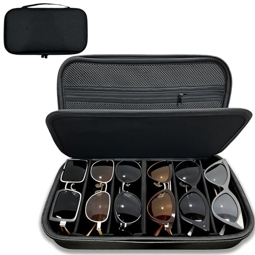Nuoyiman Hard Shell Travel Sunglasses Case, Portable Eyeglasses Storage Box with 7 Adjustable Dividers, Multiple Pairs Glasses Carrying Case for Men & Women, Black
