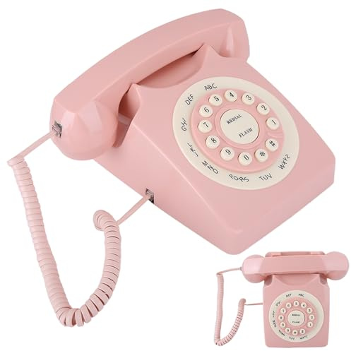 ERYUE Téléphone Filaire Haute Définition Rose Vintage pour Bureau à Domicile, Téléphone Fixe avec Grands Boutons Transparents pour Bureau à Domicile