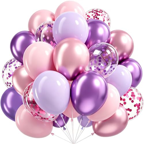 Luftballons Lila Rosa, 60 Stück Helium Luftballons Violett Kpop Geburtstag | Metallic Latex Luftballon Lila Rosa mit Ballon Konfetti, Mädchen Frau Geburtstag Hochzeit Prinzessinnen Braut Babyparty Deko