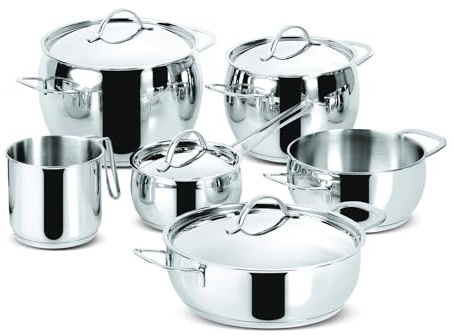 Lagostina Euforia, Set di Pentole in Acciaio Inox 18/10, 10 Pezzi | Comprende 3 Casseruole, 2 Pentole, Bollilatte, 4 Coperchi, con Fondo Lagoseal Plus, Per Induzione, Gas e Forno