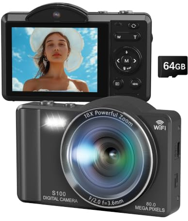 5K 80MP Cámara Digital Camara de Fotos para Vlogs con Wi-Fi, Cámara Compacta con Pantalla LCD de 2.8, Autofoco, Zoomdigital 18X, Tarjeta 64GB Incluida, Selfies Cámara para Principiantes Adolescentes