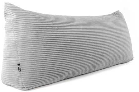 POKAR Rückenkissen | Cord Keilkissen 160x50x20 cm | Lesekissen für Bett und Sofa | Sofakissen für Rückenlehne | Groß Wandkissen Couchkissen mit Seitentaschen | Oeko Tex 100 Zertifiziert | Grau