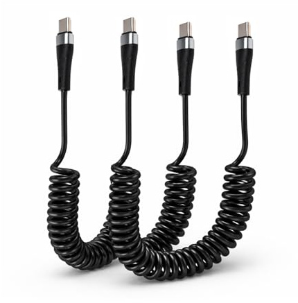 2 Stück Spiralkabel USB-C auf USB-C 100W 6A, USB-C Spiralkabel Kurz 10 cm–1 m, Schnellladekabel & Ladekabel Auto, Flexibles Platzsparendes Kabel für KFZ, iPhone, Samsung, Tablet & Laptop