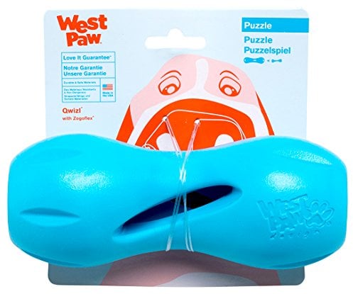 WEST PAW Zogoflex Qwizl Dog Puzzle Treat Toy ? Interactive Chew Toy for Dogs ? Dispenses Pet Treats ? Brightly-Colored Dog Puzzles for Aggressive Chewers, Fetch, Catch, Non-Toxic, Aqua Blue, Large