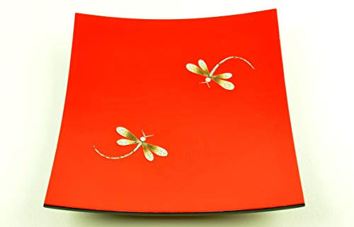 vnhomeware Handmade Lacquer Wooden Plate Inlaid With Egg-shell, Curving Square Shape, Decorative And Serving Plate, Red-Black, Small Size, H055BS