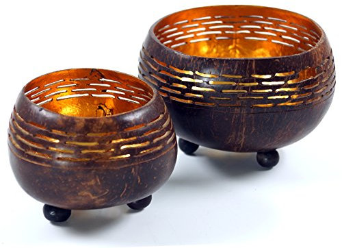 GURU SHOP Exotisches Kokosnuss Teelicht - Modell 1, Kokosnuß, Größe: Klein (8x10 cm), Teelichthalter & Kerzenhalter