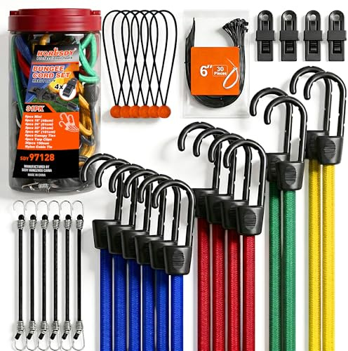 HORUSDY 31-Piece Premium Bungee Cords Assortment Jar, Includes 10”,18”,24”,32”,40” Bungee Cords, 6“ Zip Ties, 8”Canopy/Tarp Ball Ties and Crocodile Mouth Tarp Clips