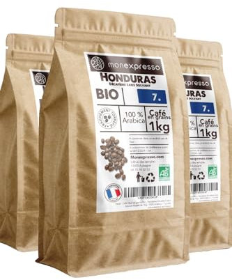 Café en grains décaféiné sans solvant - 3 x 1 kg origine Honduras - Intensité 7-100% arabica bio - Torréfié artisanalement en France