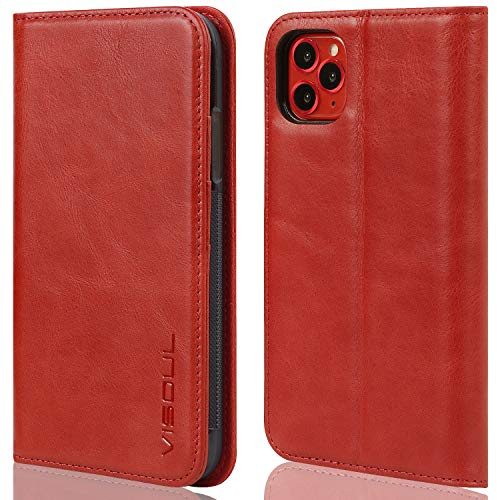 VISOUL Hülle für iPhone 11 Pro Max,Stoßfeste Handyhülle [Rindsleder TPU Magnetische Klapphülle Kartenfach, RFID Lederhülle Stand für iPhone 11 Pro Max Rot